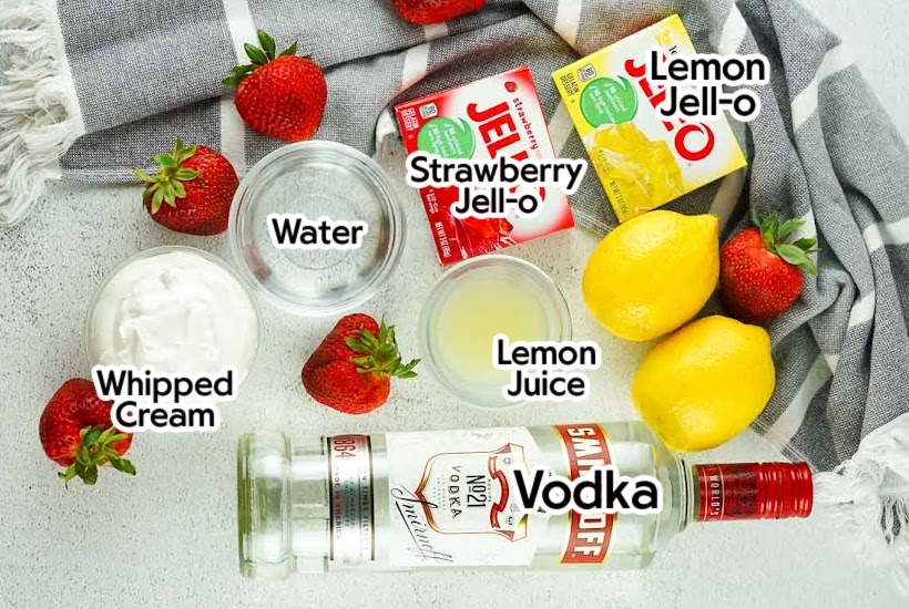 Labelled Ingredients needed to make Strawberry Lemonade Jello Shots.