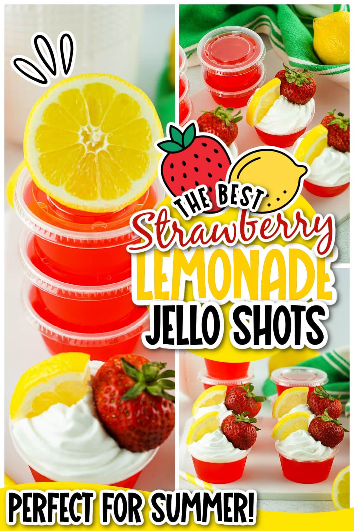 Three image collage of Strawberry Lemonade Jello Shots with text overlay.