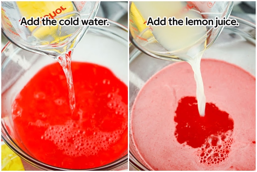 Side by side image of cold water added to the gelatin mixture, and lemon juice added to the mixing bowl with text overlay.