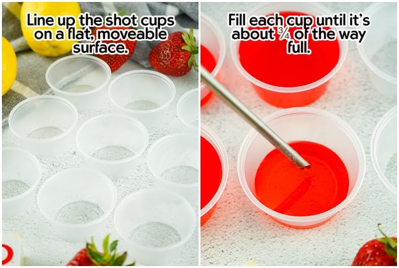 Two images of shot cups lined up and jell-o mixture added to cups with text overlay.