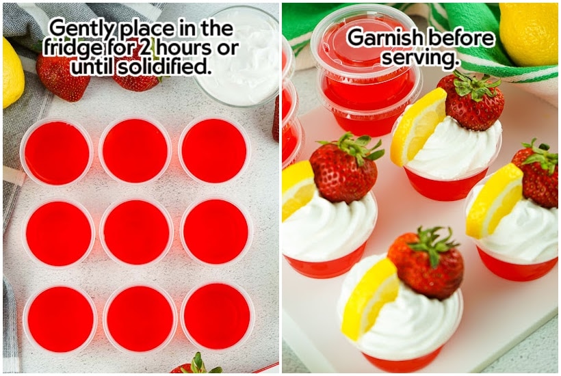 Two images of Jell-o shots lined up and shots with whipped topping, lemon slices and strawberries with text overlay.