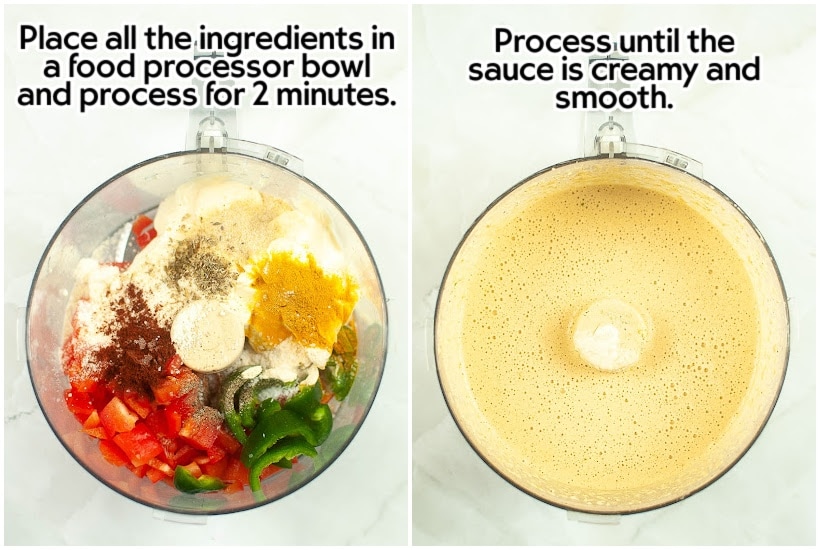 Two photo collage showing ingredients placed in a food processor bowl and the ingredients blended into a sauce.