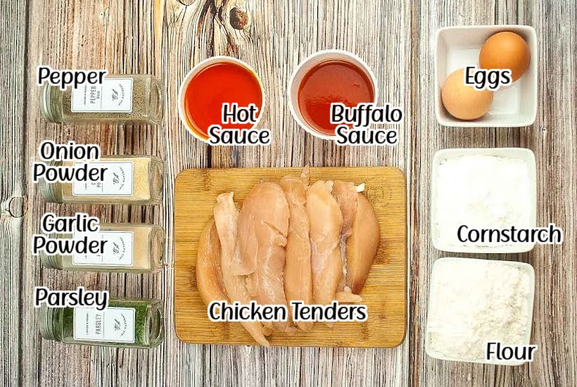 Labelled ingredients needed to make air fryer buffalo chicken tenders with text overlay.