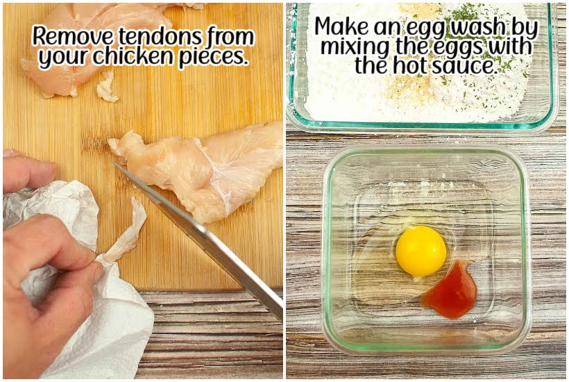 Two images of chicken being trimmed and egg wash in a container and seasonings in a different container with text overlay.