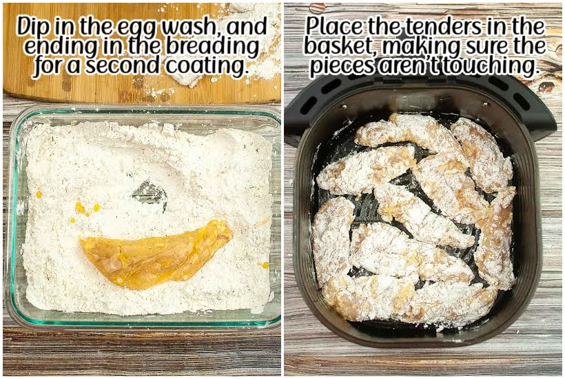 Side by side images of chicken in flour mixture and chicken placed in an air fryer basket with text overlay.