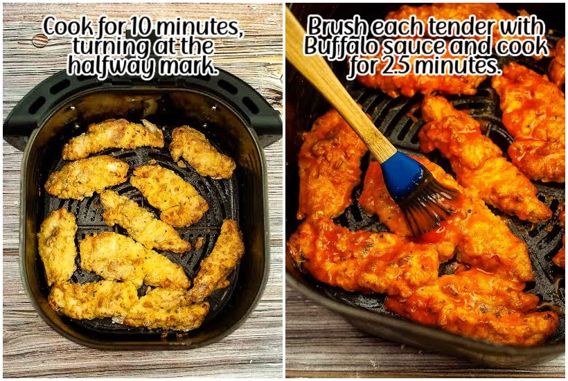 Two images of chicken strips halfway cooked and cooked chicken being brushed with buffalo sauce with text overlay.
