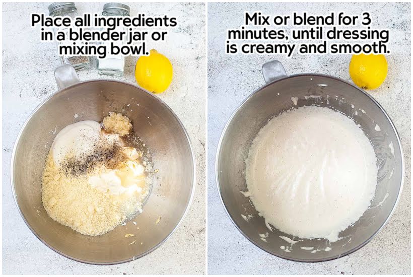 Two photo collage of adding dressing ingredients to mixing bowl and blended ingredients.