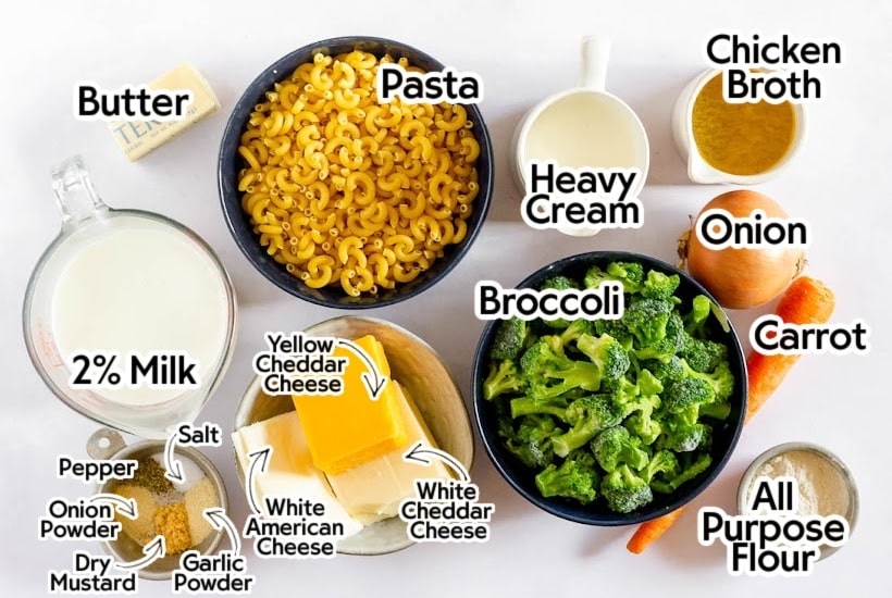 Ingredients needed to make Panera broccoli mac and cheese with text overlay.