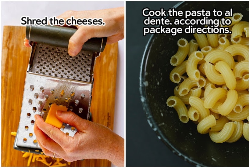 Side by side images of cheese being shredded and pasta in a pot with text overlay.