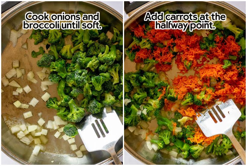 Two images of broccoli and onions in a skillet and carrots added to mixture with a spatula with text overlay.