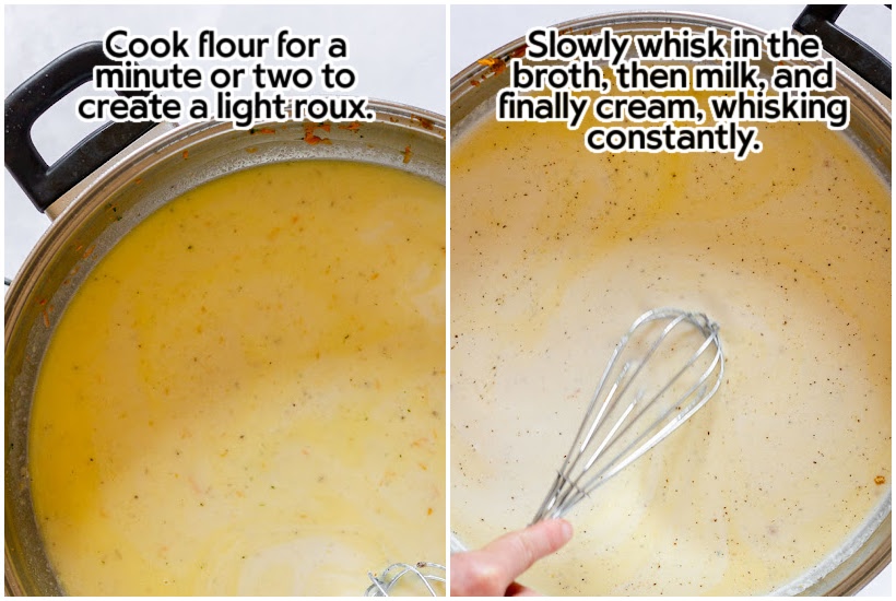 Side by side images of flour and butter in a pan and broth, milk and cream added to the flour mixture with text overlay.