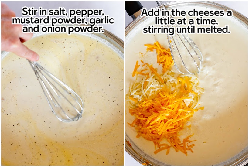 Two images of seasonings added to sauce mixture and cheese added to sauce with text overlay.