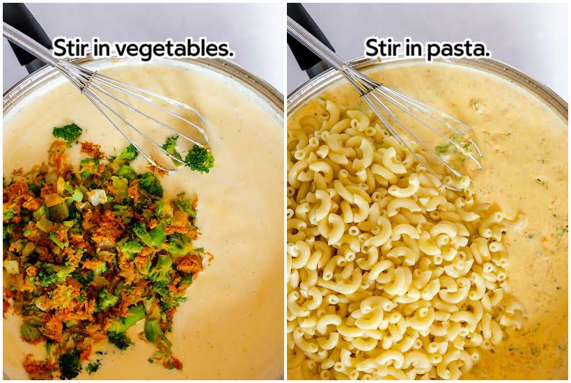 Two images of veggies being stirred into cheese sauce and pasta added to the mixture with text overlay.