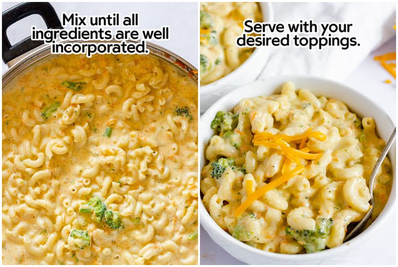 Two images of broccoli cheddar mac and cheese in a pan and some in a white bowl with text overlay.