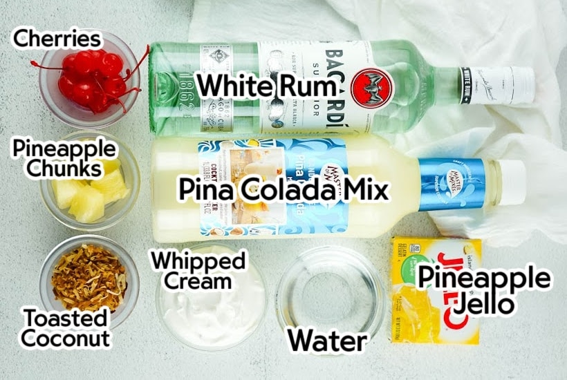 Labelled ingredients needed to make Pina Colada Jello Shots.