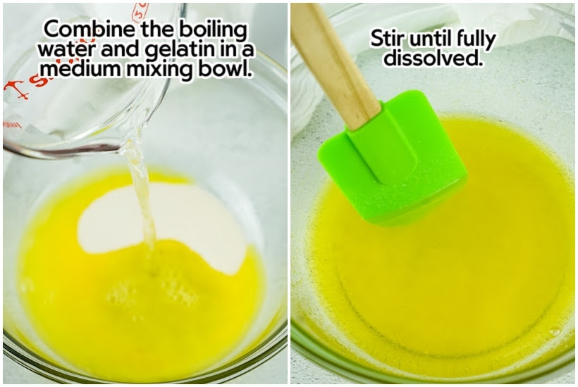 Side by side images of boiling water and gelatin being combined and then being dissolved and stirred with a spatula with text overlay.