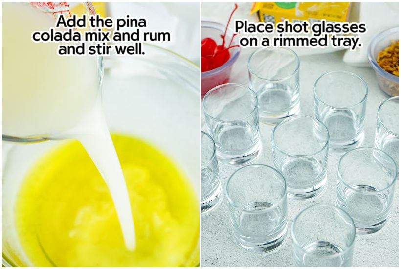 Side by side images of Pina Colada mix and rum added to gelatin mixture and shot glasses with text overlay.