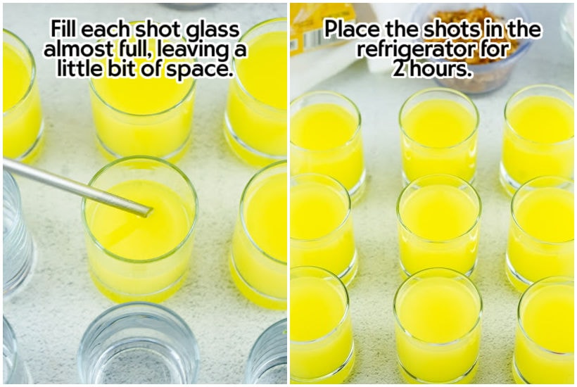 Two images of filling the shot glasses and filled glasses with text overlay.