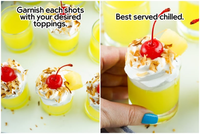 Two images of shots garnished with whipped topping, toasted coconut, pineapple, and a cherry and a hand holding a garnished shot.