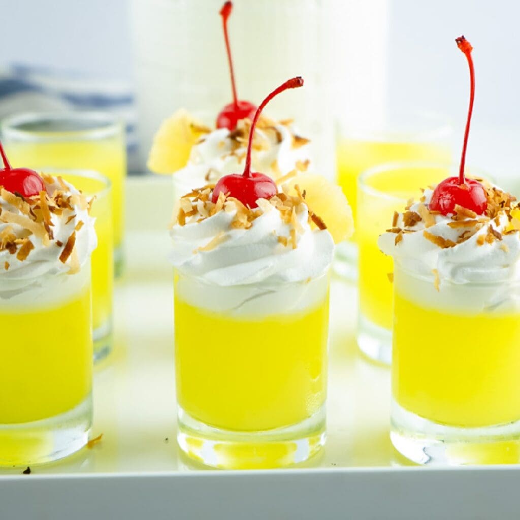 Front view of Pina Colada Jello Shots.