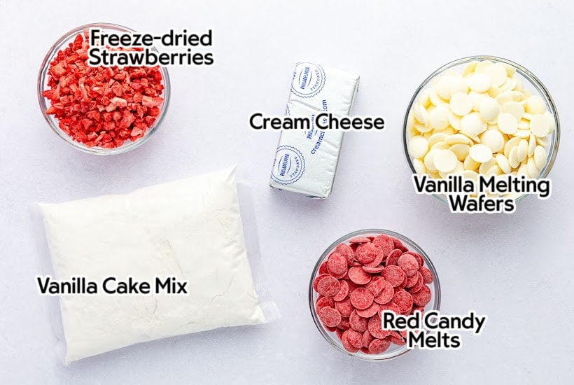 Ingredients needed to make Strawberry Cake Balls.