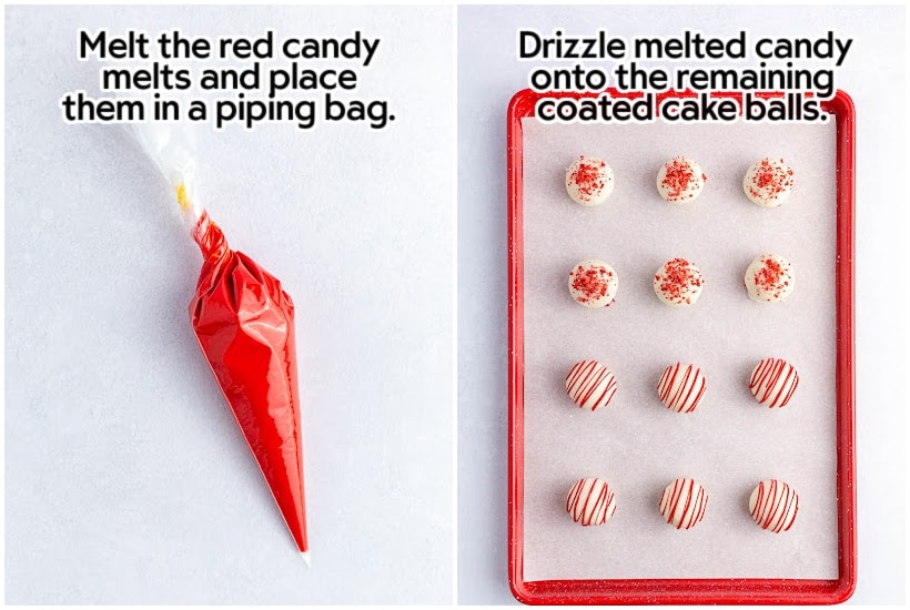 Side by side images of red melted chocolates in a piping bag and melted candy drizzled on cake balls with text overlay.
