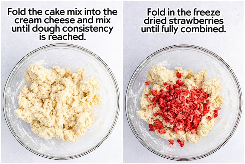 Two images of cake mix mixed into cream cheese and freeze dried strawberries added to cream cheese mixture with text overlay.