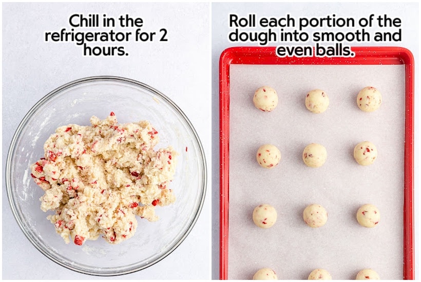 Side by side images of Strawberry Cake Ball dough in a mixing bowl and a cookie sheet lined with parchment paper with Strawberry Cake truffles on it with text overlay.