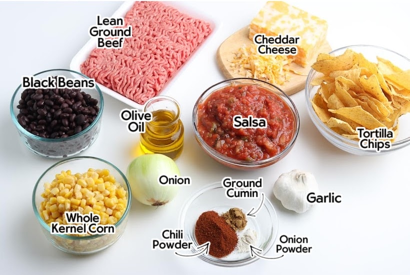 Labeled ingredients needed to make walking taco casserole.
