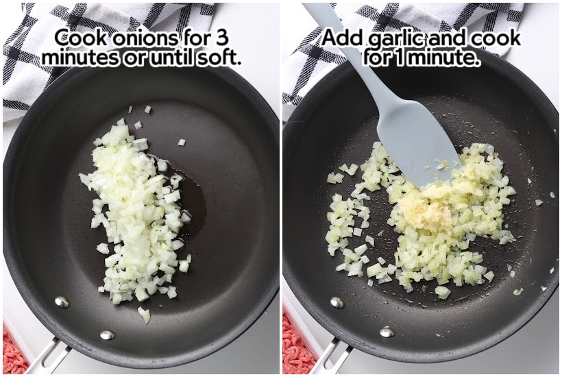 Side by side image of a skillet with onions and garlic added to the skillet with text overlay.