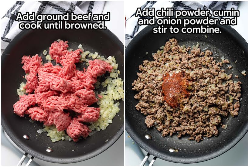 Two images of ground beef added to onions and a skillet with seasonings added to ground beef with text overlay.