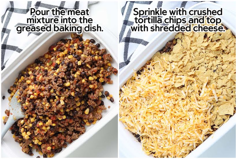Two images of meat mixture poured into a white baking dish and crushed tortilla chips and cheese added to casserole with text overlay.