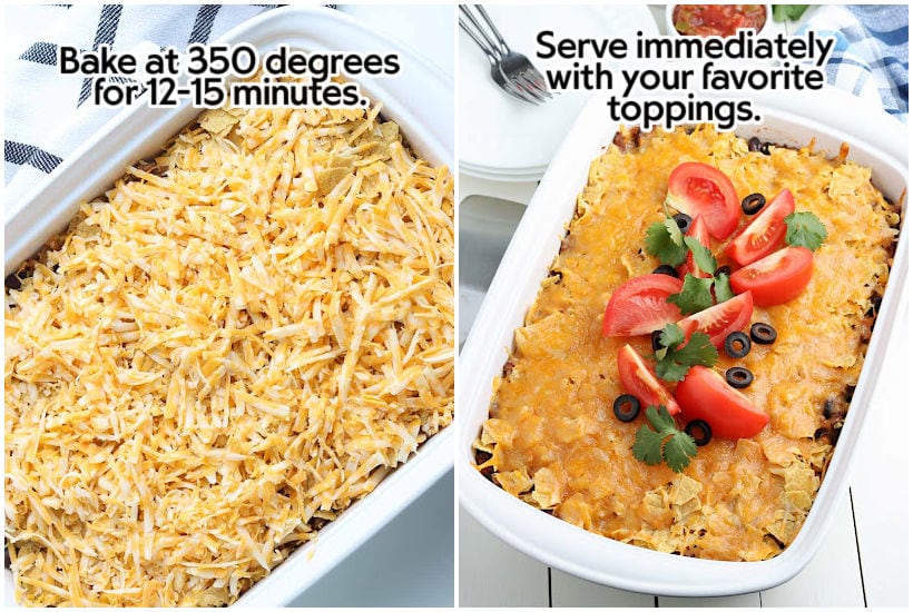 Two images of casserole before baking and casserole after baking topped with garnished with text overlay.