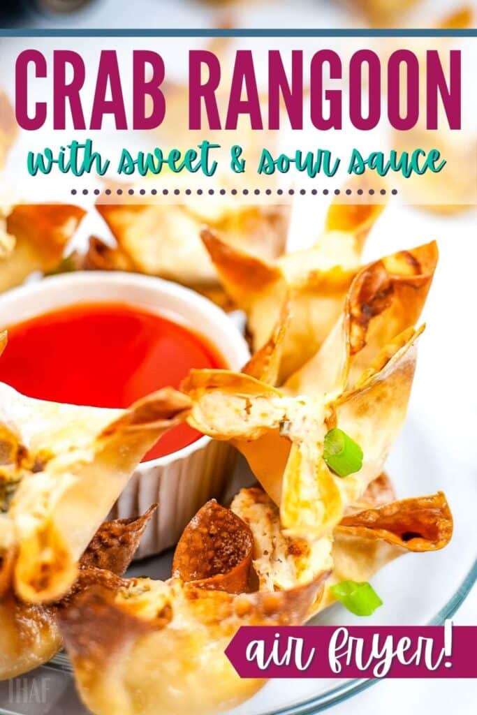Air fryer crab rangoon stacked on a clear plate with a ramekin of sweet and sour dipping sauce with text overlay.