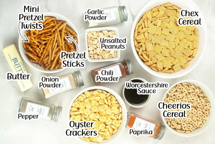 Ingredients needed to make air fryer Chex mix with text labels.
