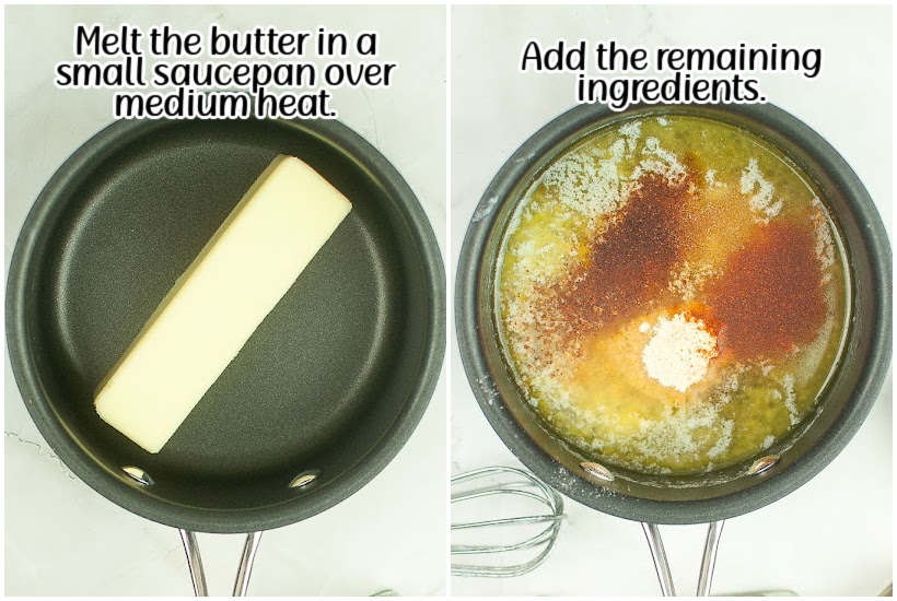 Two photo collage of butter being melted in a saucepan and stirring in the spices with text overlay.