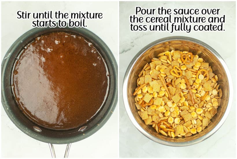 Two image collage of boiling the sauce mixture then pouring it on top of the dry snack mix ingredients with text overlay.