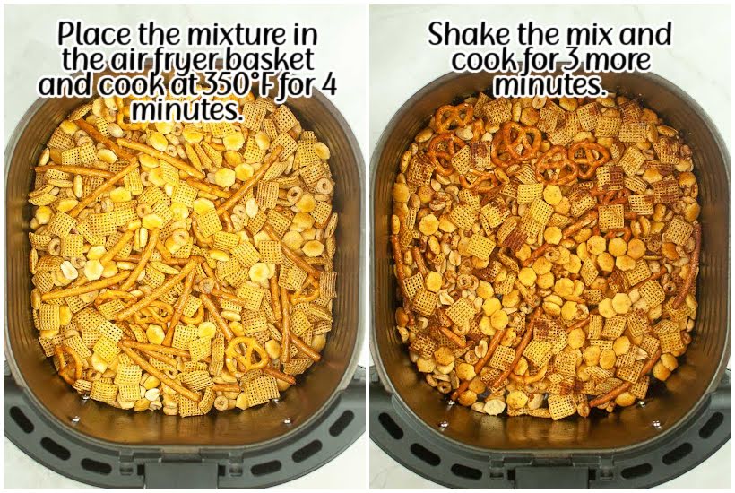 Two photo collage of the Chex party mix in the air fryer basket before and after cooking, with text overlay.