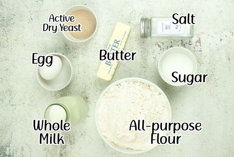 Ingredients needed to make homemade air fryer dinner rolls with text labels.
