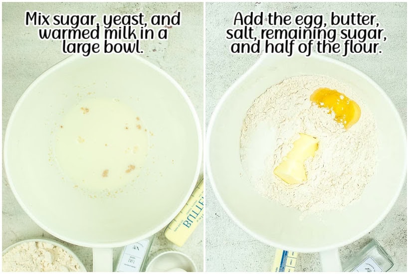Mixing the sugar, yeast and milk in a bowl to get frothy and adding the other dry ingredients for the dough with text overlay.