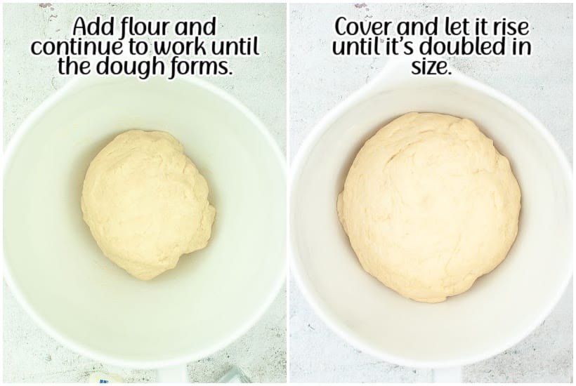 The kneaded dough ball in a bowl and the dough after it has risen the first time with text overlay.