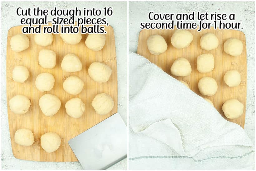 Dough balls on a cutting board then being uncovered after the second rise with text labels.