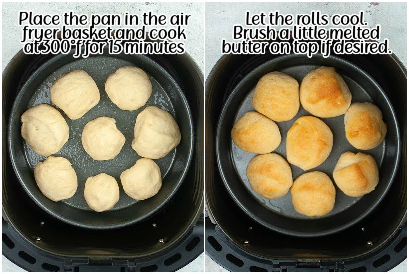 Before and after cooking the homemade yeast dinner rolls in air fryer basket with text overlay.