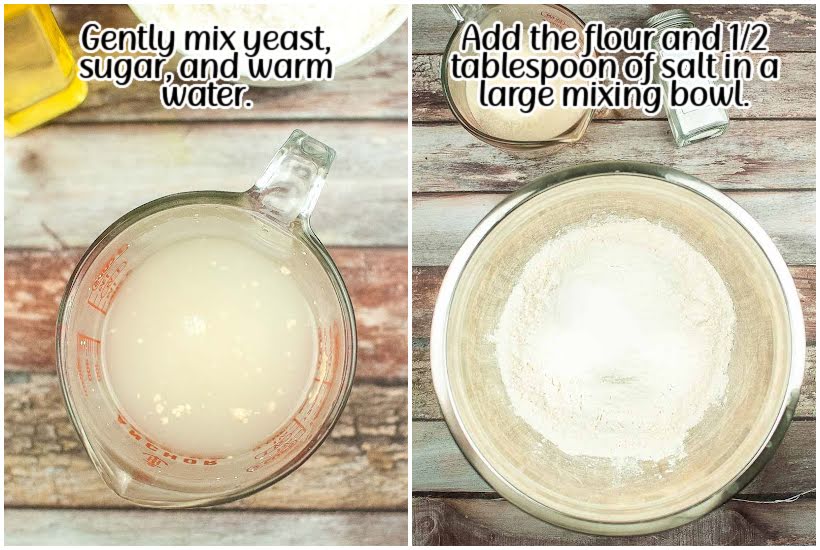 Two images of yeast, sugar, and warm water in a mixing cup and flour added to a large bowl with text overlay.
