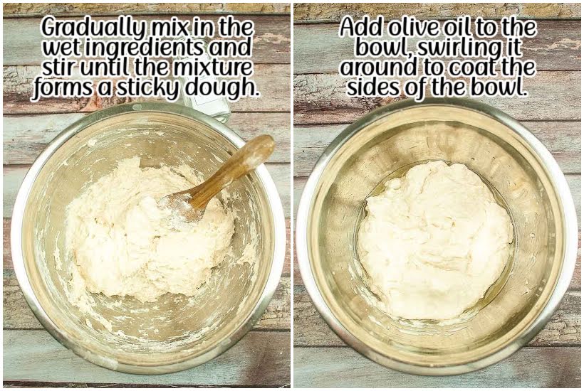 Two images of wet ingredients mixed in and olive oil added to the mixing bowl with text overlay.