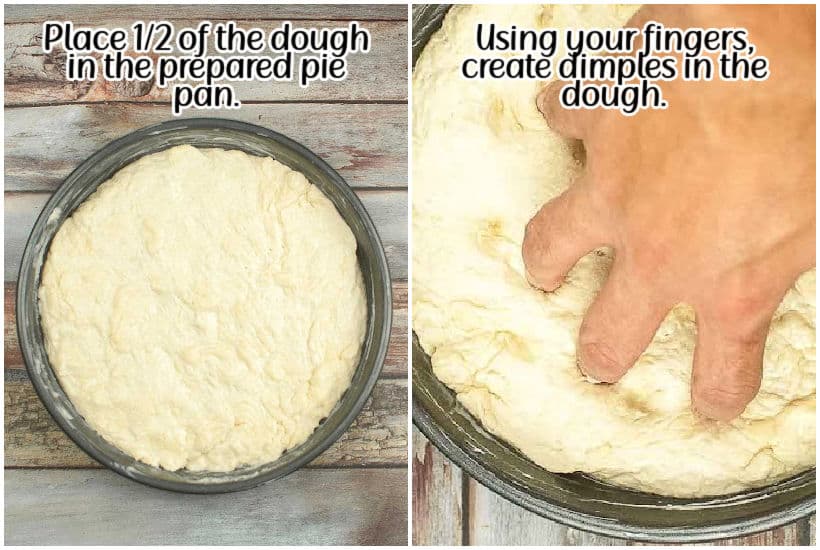 Half of dough in a pie pan and fingers pressing into dough making dimples in the dough with a text overlay.