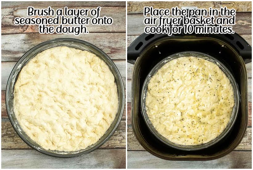 Two images of dough seasoned with butter in a pie pan and pan placed into air fryer basket with text overlay.