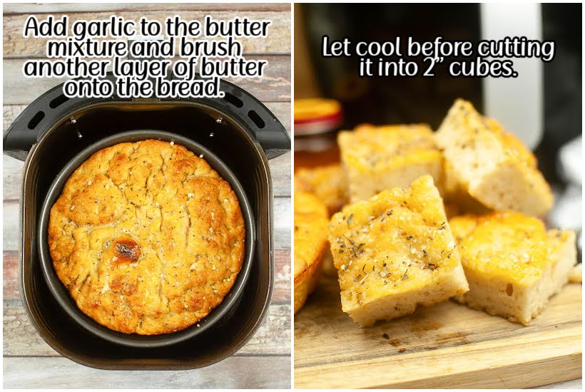 Garlic and butter brushed onto Focaccia bread in air fryer and bread cut into 2" cubes and stacked on a cutting board.