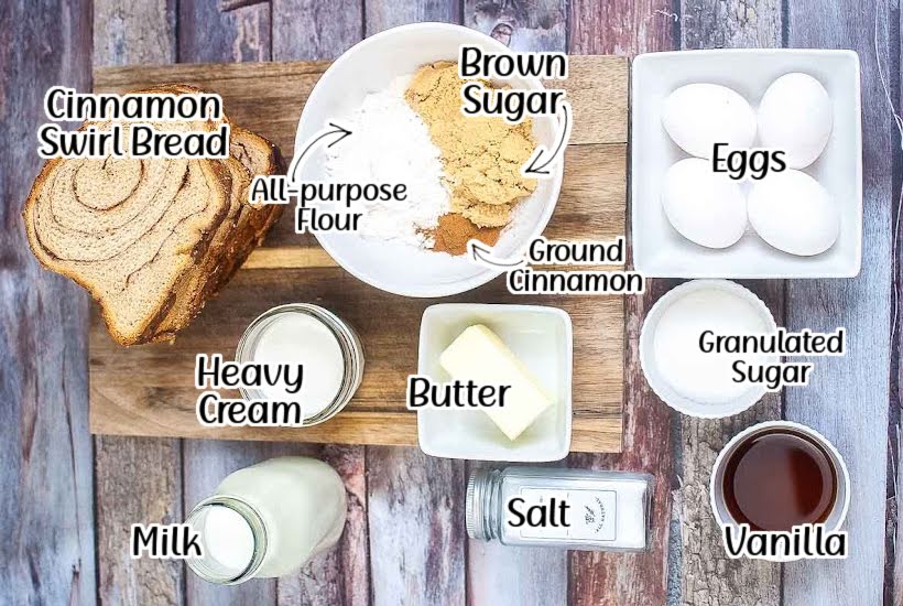 Ingredients needed to make Air Fryer French Toast Muffins with text overlay.