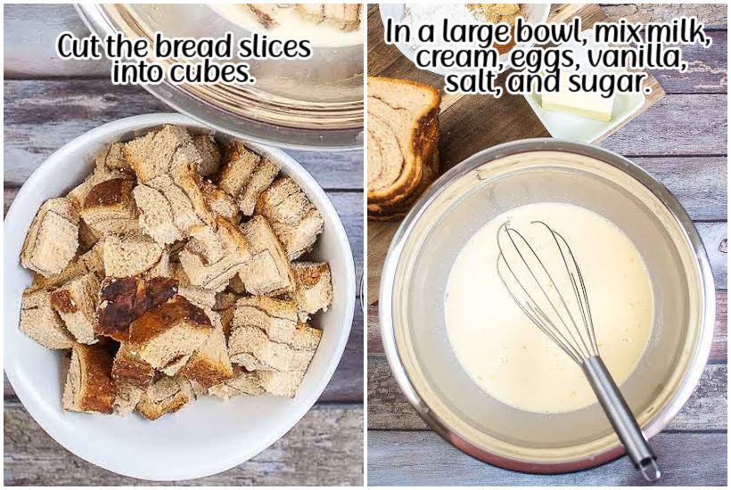 Two image collage of bowl of bread cubes and whisking the egg mixture to soak the bread.